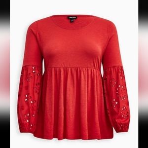 NEW! 00X RED COTTON MODAL SLUB SCOOP NECK EYELET SLEEVE BABYDOLL 00X/10 NWT